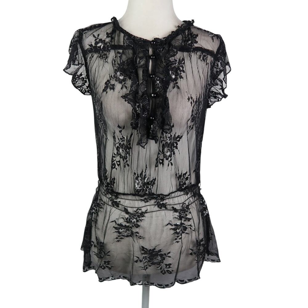 Vintage Y2K Arden B. Black Sheer Floral Lace Mesh Ruffle Peplum Top S